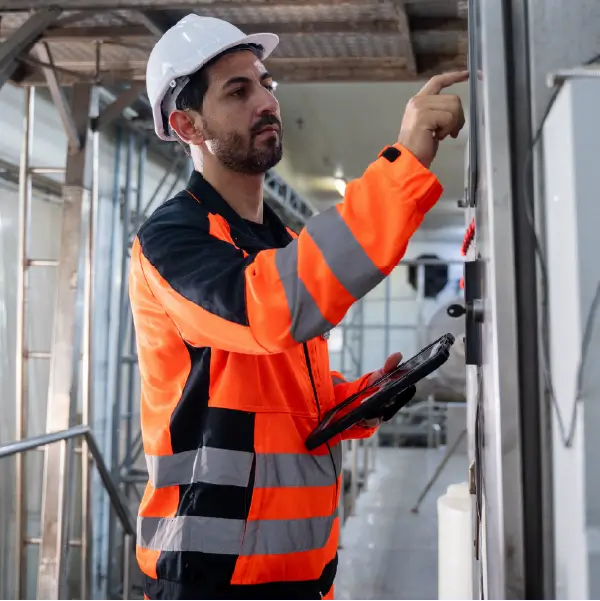 Engineer performing a PLC migration on a legacy control panel
